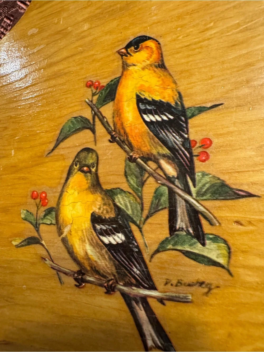 Vintage 70s Goldfinch Decoupage Wood Wall Plaque Cottagecore Goldfinch Bird Art